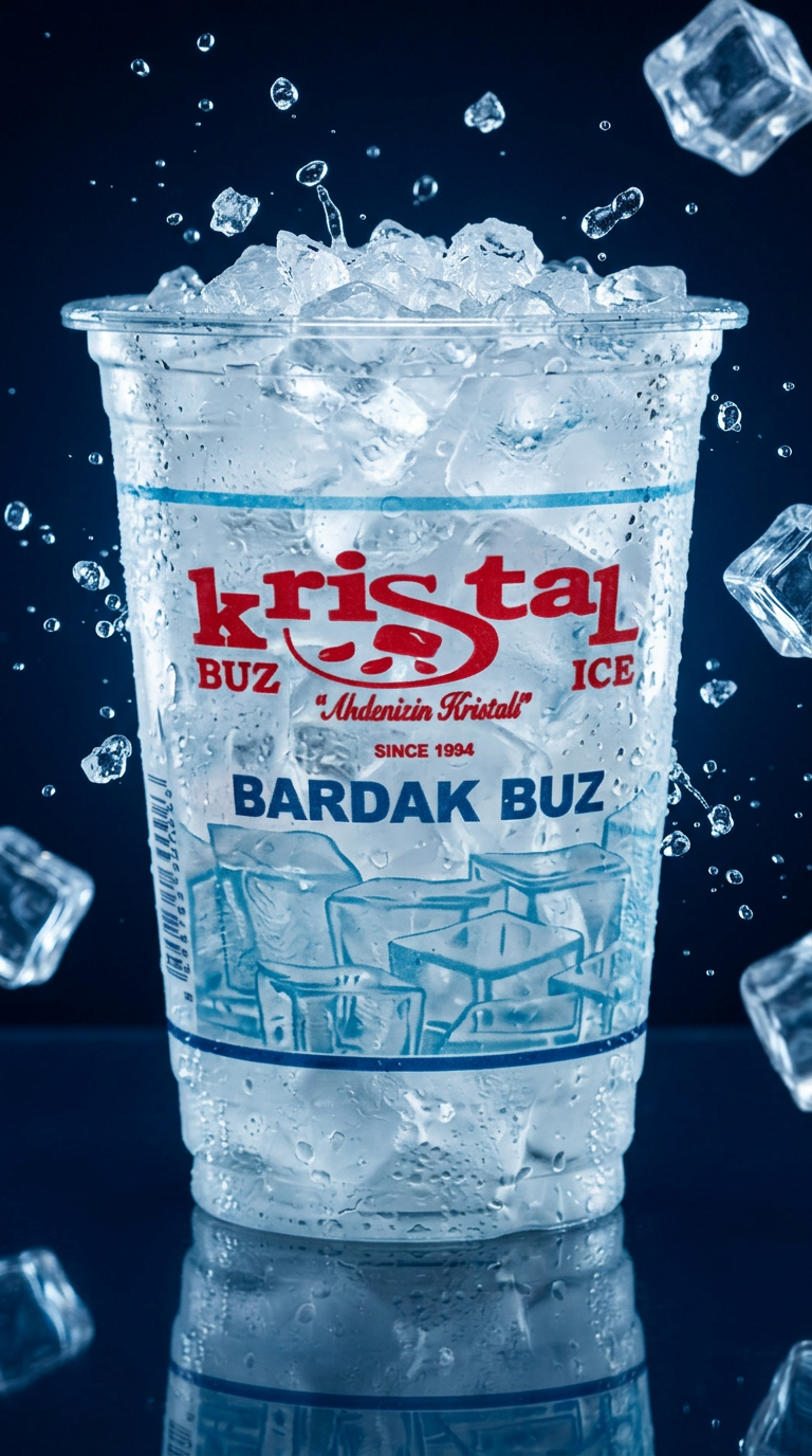 Kristal Buz ambalajı ve çevresinde süzülen buz küpleri